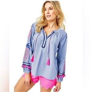 Lilly Pulitzer Light Blue Top with Pink Embroidery